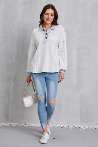 Shop Half Button Dropped Shoulder Sweatshirt - High-Quality U.S. Made Women’s Fashion with Free & Fast Shipping