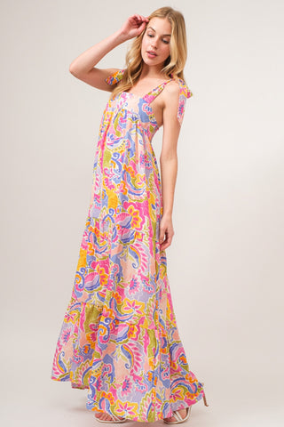 Shop Multicolor And The Why Full Size Printed Tie Shoulder Tiered Maxi Dress - High-Quality U.S. Made Women’s Fashion with Free & Fast Shipping