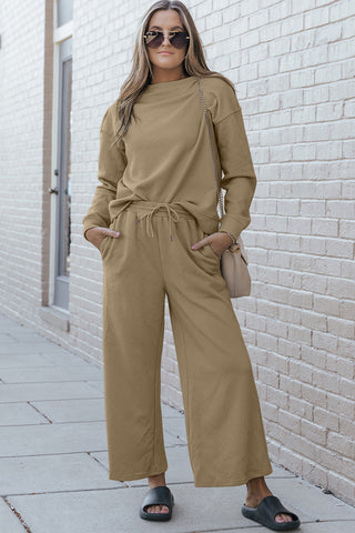 Shop Double Take Full Size Textured Long Sleeve Top and Drawstring Pants Set - High-Quality U.S. Made Women’s Fashion with Free Fast Shipping