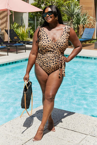 Shop Marina West Swim Full Size Float On Ruffle Faux Wrap One-Piece in Leopard - High-Quality U.S. Made Women’s Fashion with Free Fast Shipping