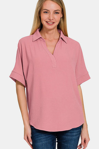 Shop Lt Rose Zenana Texture Collared Neck Short Sleeve Top - High-Quality U.S. Made Women’s Fashion with Free & Fast Shipping