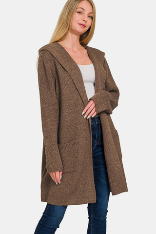 Shop Brown Zenana Hooded Open Front Sweater Cardigan - High-Quality U.S. Made Women’s Fashion with Free & Fast Shipping