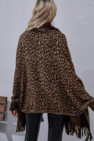 Shop Leopard Fringe Detail Poncho - High-Quality U.S. Made Women’s Fashion with Free Fast Shipping