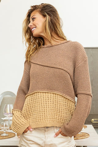 Shop BiBi Texture Detail Contrast Drop Shoulder Sweater - High-Quality U.S. Made Women’s Fashion with Free Fast Shipping