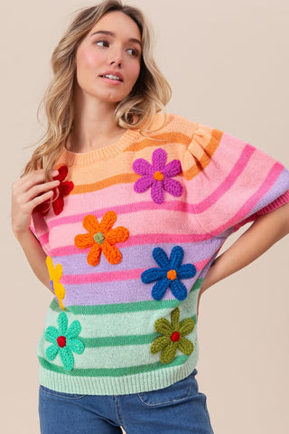 Shop BiBi Flower Patch Puff Sleeve Striped Sweater - High-Quality U.S. Made Women’s Fashion with Free & Fast Shipping