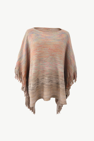 Shop Round Neck Fringe Detail Poncho - High-Quality U.S. Made Women’s Fashion with Free Fast Shipping