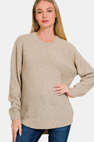 Shop Zenana Ful Size Round Neck Long Sleeve Curved Hem Sweater - High-Quality U.S. Made Women’s Fashion with Free & Fast Shipping