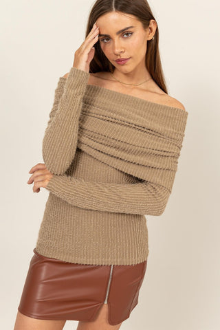 Shop Taupe HYFVE Fuzzy Off Shoulder Textured Knit Top - High-Quality U.S. Made Women’s Fashion with Free & Fast Shipping