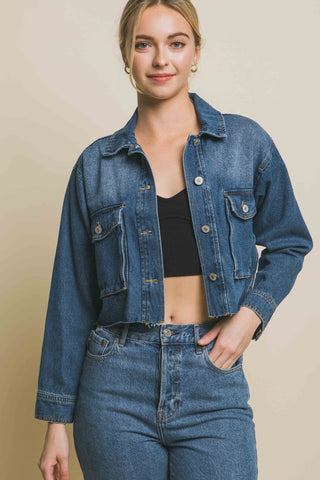 Shop Love Tree Raw Hem Button Up Cropped Denim Jacket - High-Quality U.S. Made Women’s Fashion with Free & Fast Shipping