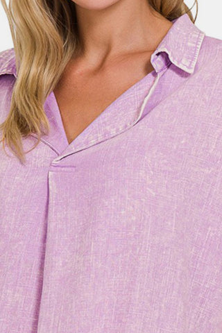 Shop Zenana Washed Linen Raw Hem V-Neck Shirt - High-Quality U.S. Made Women’s Fashion with Free & Fast Shipping