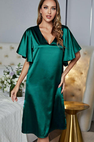 Shop Satin Flutter Sleeve Side Slit V-Neck Night Dress - High-Quality U.S. Made Women’s Fashion with Free & Fast Shipping