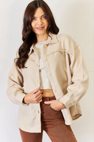 Shop Beige HYFVE Texture Button Down Fray Detail Shacket - High-Quality U.S. Made Women’s Fashion with Free & Fast Shipping