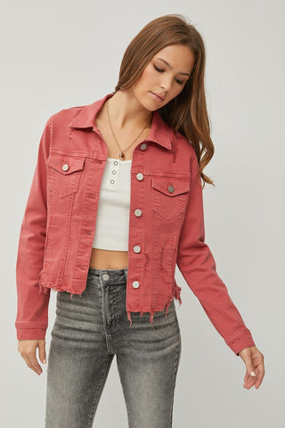 Shop BRICK RISEN Raw Hem Button Up Cropped Denim Jacket - High-Quality U.S. Made Women’s Fashion with Free & Fast Shipping