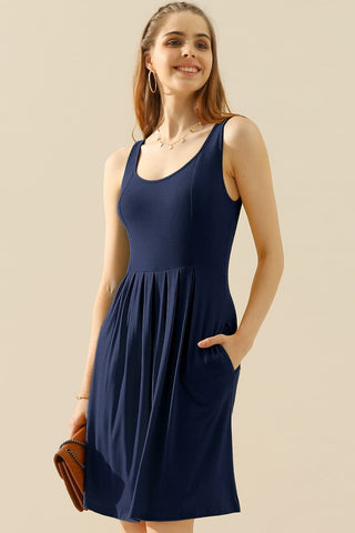 Shop NAVY Doublju Full Size Round Neck Ruched Sleeveless Dress with Pockets - High-Quality U.S. Made Women’s Fashion with Free & Fast Shipping