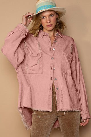 Shop POL Button Down Raw Hem Distressed Shacket - High-Quality U.S. Made Women’s Fashion with Free & Fast Shipping