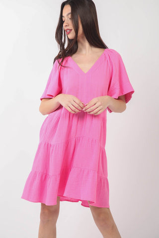 Shop Pink VERY J Texture V-Neck Ruffled Tiered Dress - High-Quality U.S. Made Women’s Fashion with Free & Fast Shipping