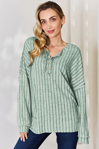 Shop Light Green Basic Bae Full Size Ribbed Half Button Long Sleeve T-Shirt - High-Quality U.S. Made Women’s Fashion with Free & Fast Shipping