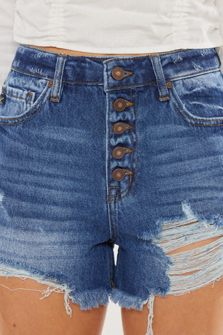 Shop Kancan Distressed Button-Fly High Waist Denim Shorts - High-Quality U.S. Made Women’s Fashion with Free Fast Shipping