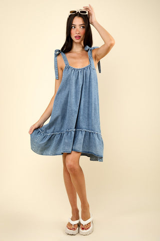 Shop VERY J Shoulder Tie Washed Denim Mini Dress - High-Quality U.S. Made Women’s Fashion with Free Fast Shipping