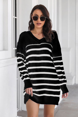 Shop Black Striped V-Neck Drop Shulder Sweater Dress - High-Quality U.S. Made Women’s Fashion with Free & Fast Shipping