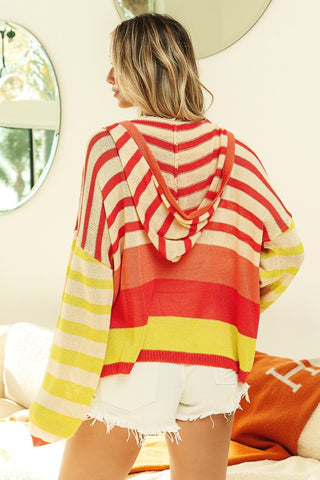 Shop BiBi Striped Color Block Hooded Knit Top - High-Quality U.S. Made Women’s Fashion with Free & Fast Shipping