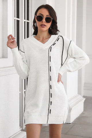 Shop White Contrast V-Neck Sweater Dress - High-Quality U.S. Made Women’s Fashion with Free & Fast Shipping