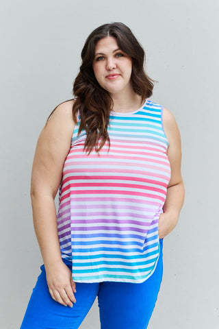 Shop Multicolor Heimish Love Yourself Full Size Multicolored Striped Sleeveless Round Neck Top - High-Quality U.S. Made Women’s Fashion with Free & Fast Shipping