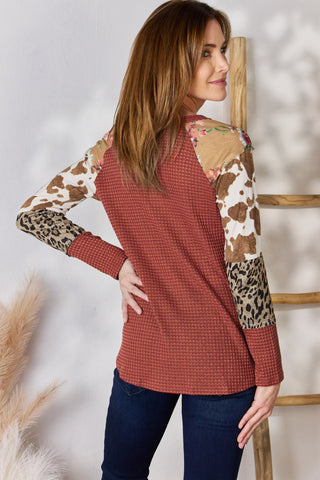 Shop Hailey & Co Full Size Leopard Waffle-Knit Blouse - High-Quality U.S. Made Women’s Fashion with Free & Fast Shipping