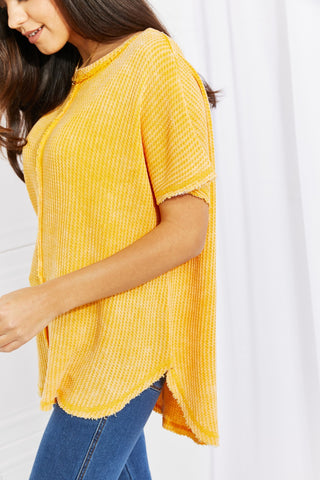 Shop Zenana Start Small Washed Waffle Knit Top in Yellow Gold - High-Quality U.S. Made Women’s Fashion with Free & Fast Shipping