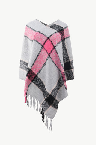 Shop Light Gray One Size Plaid Fringe Detail Poncho - High-Quality U.S. Made Women’s Fashion with Free & Fast Shipping