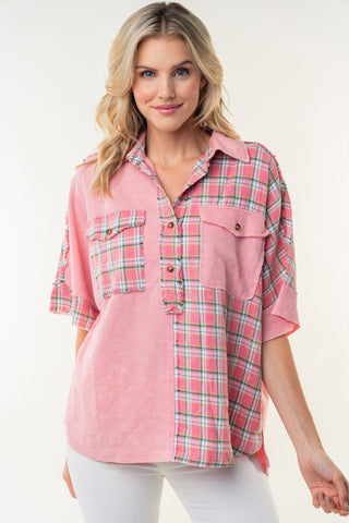 Shop Rose White Birch Plaid Color Block Half Button Top - High-Quality U.S. Made Women’s Fashion with Free & Fast Shipping