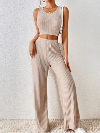 Shop Tan Ribbed Round Neck Tank and Pants Sweater Set - High-Quality U.S. Made Women’s Fashion with Free & Fast Shipping