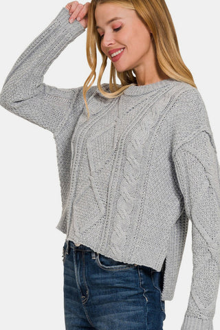 Shop Zenana Cropped High Low Cable Sweater with Side Slits - High-Quality U.S. Made Women’s Fashion with Free Fast Shipping