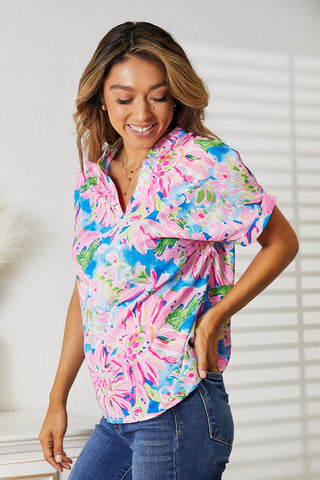 Shop Double Take Floral Notched Neck Short Sleeve Top - High-Quality U.S. Made Women’s Fashion with Free & Fast Shipping