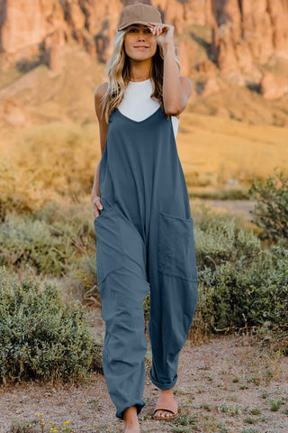 Shop Dark Blue Double Take Full Size V-Neck Sleeveless Jumpsuit with Pockets - High-Quality U.S. Made Women’s Fashion with Free & Fast Shipping