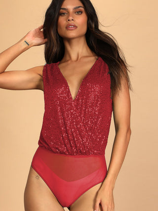 Shop Deep Red Sequin Surplice Sleeveless Bodysuit - High-Quality U.S. Made Women’s Fashion with Free & Fast Shipping