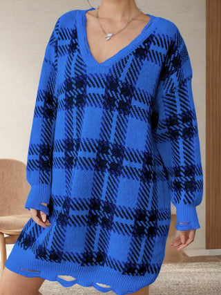 Shop Distressed Plaid V-Neck Long Sleeve Sweater Dress - High-Quality U.S. Made Women’s Fashion with Free & Fast Shipping