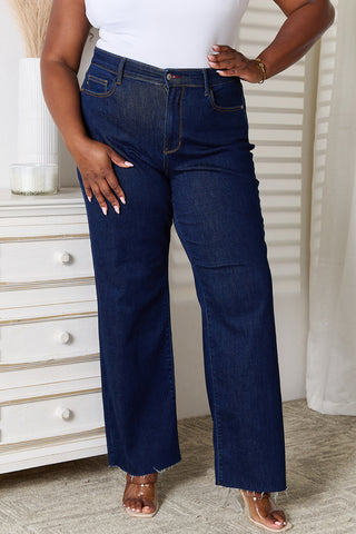 Shop Judy Blue Full Size Raw Hem Straight Leg Jeans with Pockets - High-Quality U.S. Made Women’s Fashion with Free & Fast Shipping