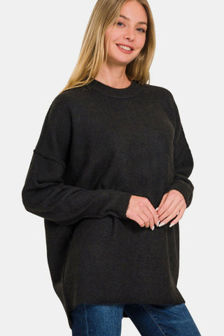 Shop Black Zenana High-Low Hem Drop Shoulder Sweater - High-Quality U.S. Made Women’s Fashion with Free & Fast Shipping