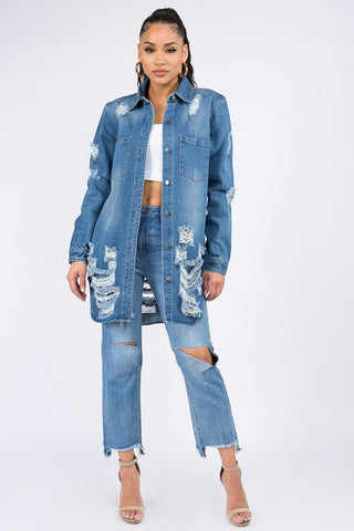 Shop American Bazi Distressed Button Down Denim Shirt Jacket - High-Quality U.S. Made Women’s Fashion with Free & Fast Shipping