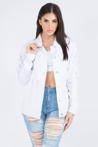 Shop American Bazi Distressed Back Button Down Denim Jacket - High-Quality U.S. Made Women’s Fashion with Free Fast Shipping