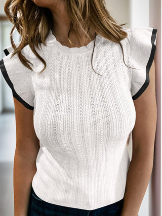 Shop White Ruffled Round Neck Cap Sleeve Knit Top - High-Quality U.S. Made Women’s Fashion with Free & Fast Shipping