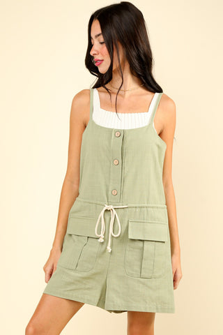 Shop VERY J Half Button Drawstring Sleeveless Romper - High-Quality U.S. Made Women’s Fashion with Free & Fast Shipping