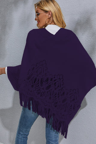 Shop Round Neck Fringe Detail Poncho - High-Quality U.S. Made Women’s Fashion with Free Fast Shipping