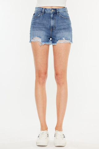 Shop Kancan Distressed Raw Hem High Waist Denim Shorts - High-Quality U.S. Made Women’s Fashion with Free & Fast Shipping