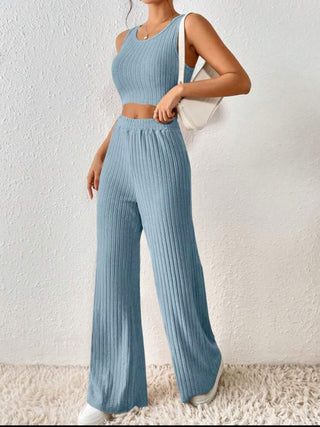 Shop Ribbed Round Neck Tank and Pants Sweater Set - High-Quality U.S. Made Women’s Fashion with Free & Fast Shipping