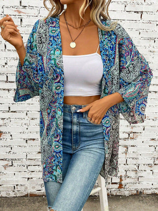 Shop Printed Open Front Three-Quarter Sleeve Cover Up - High-Quality U.S. Made Women’s Fashion with Free & Fast Shipping