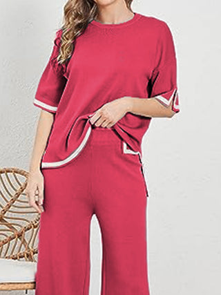 Shop Contrast High-Low Sweater and Knit Pants Set - High-Quality U.S. Made Women’s Fashion with Free Fast Shipping