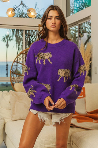 Shop BiBi Tiger Pattern Long Sleeve Sweater - High-Quality U.S. Made Women’s Fashion with Free Fast Shipping