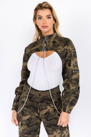 Shop Olive Camo American Bazi Camouflage Cropped Jacket with Chains - High-Quality U.S. Made Women’s Fashion with Free & Fast Shipping